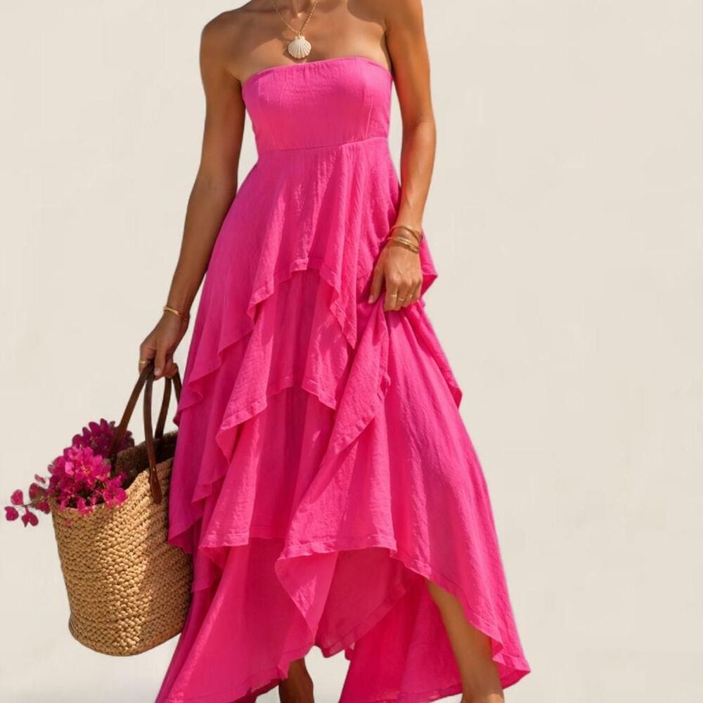 Free People cotton hot pink strapless tiered ruffle maxi dress boho size XS